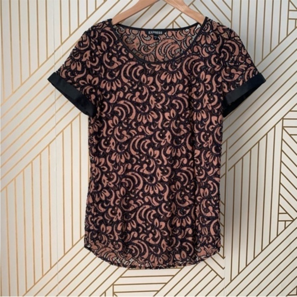 ⭐️ $5 Express lace mesh black & bronze blouse top short sleeve rolled hem semi
